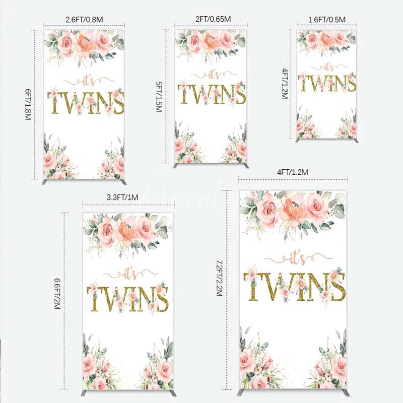 Aperturee - Aperturee Floral It’s Twins Rectangle Backdrop with Pink Roses Gold Glitter Baby Shower Decoration for Twin Girls