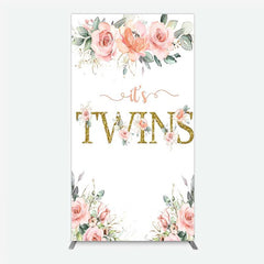 Aperturee - Aperturee Floral It’s Twins Rectangle Backdrop with Pink Roses Gold Glitter Baby Shower Decoration for Twin Girls