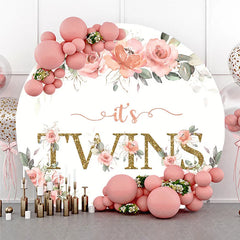 Aperturee - Aperturee Floral It’s Twins Round Backdrop with Pink Roses Gold Glitter Baby Shower Decoration for Twin Girls Party