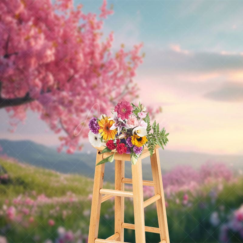 Aperturee - Aperturee Floral Mountain Green Grass Spring Photo Backdrop
