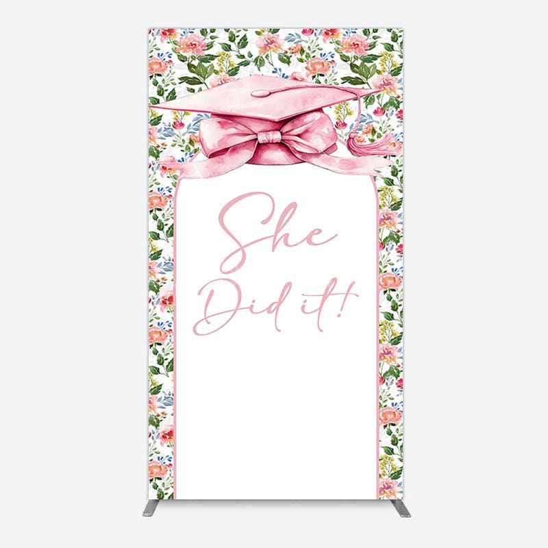 Aperturee - Aperturee Floral Pink Bachelor Cap She Did It Grad Rectangle Backdrop