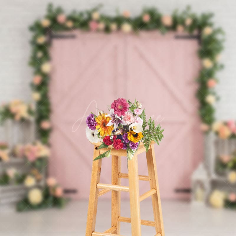 Aperturee - Aperturee Floral Pink Door White Brick Wall Wedding Backdrop