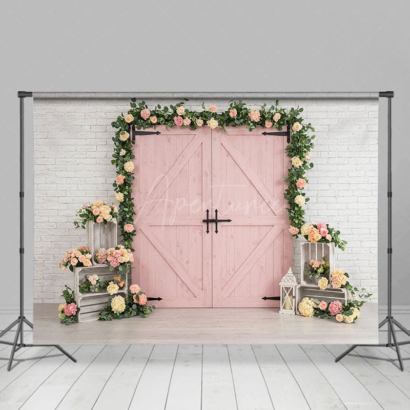 Aperturee - Aperturee Floral Pink Door White Brick Wall Wedding Backdrop