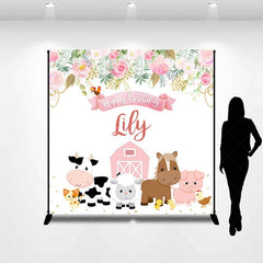 Aperturee - Aperturee Floral Pink Farm Animal Custom Birthday Backdrop