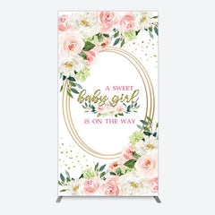 Aperturee - Aperturee Floral Pink Glitter Gold Baby Shower Rectangle Backdrop