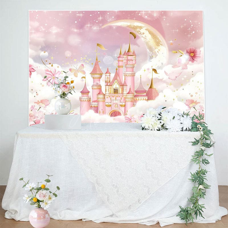 Aperturee - Aperturee Floral Pink Wonderland Night Castle Cloud Backdrop