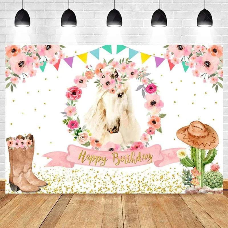 Aperturee - Aperturee Floral Plant Cowboy Happy Birthday Backdrop Rustic Western Party Decor with Flowers for Kids Birthday