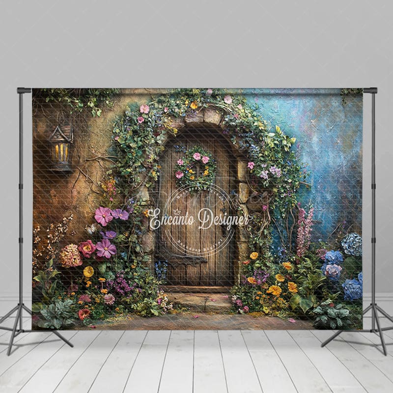 Aperturee - Aperturee Floral Plant Wreath Wood Retro Door Spring Backdrop