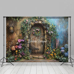Aperturee - Aperturee Floral Plant Wreath Wood Retro Door Spring Backdrop