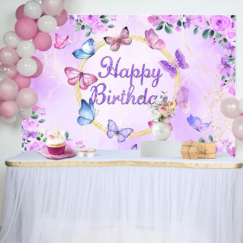 Aperturee - Aperturee Floral Purple Butterflies Happy Birthday Backdrop