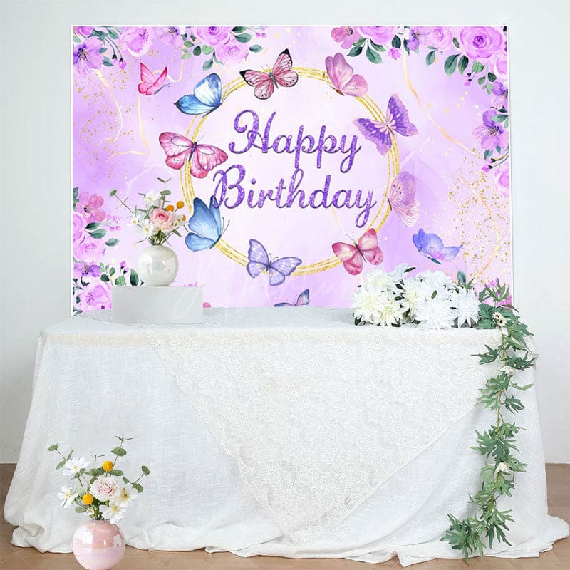 Aperturee - Aperturee Floral Purple Butterflies Happy Birthday Backdrop