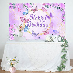 Aperturee - Aperturee Floral Purple Butterflies Happy Birthday Backdrop