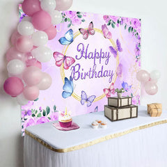 Aperturee - Aperturee Floral Purple Butterflies Happy Birthday Backdrop