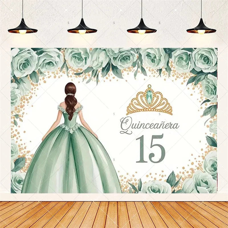 Aperturee - Aperturee Floral Quinceanera 15th Birthday Backdrop Elegant Princess Decor with Blossoms Pink Gold Photo Wall for Sweet Fifteen