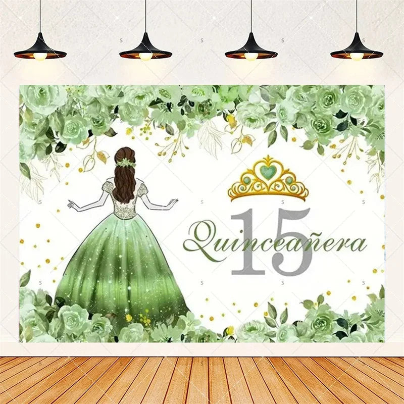 Aperturee - Aperturee Floral Quinceanera 15th Birthday Backdrop Elegant Princess Decor with Blossoms Pink Gold Photo Wall for Sweet Fifteen