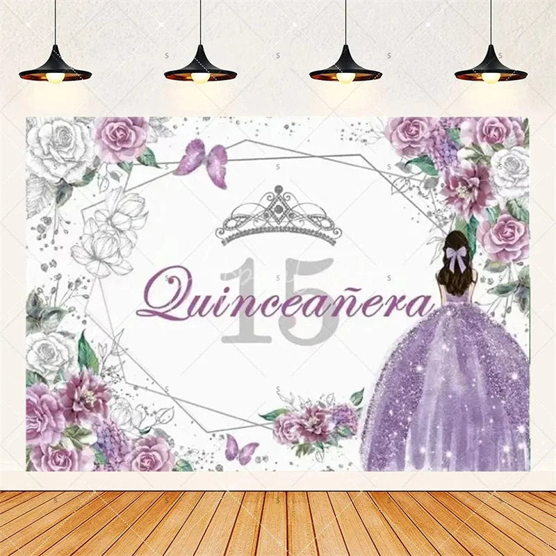 Aperturee - Aperturee Floral Quinceanera 15th Birthday Backdrop Elegant Princess Decor with Blossoms Pink Gold Photo Wall for Sweet Fifteen