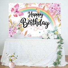 Aperturee - Aperturee Floral Rainbow Butterfly Happy Birthday Backdrop