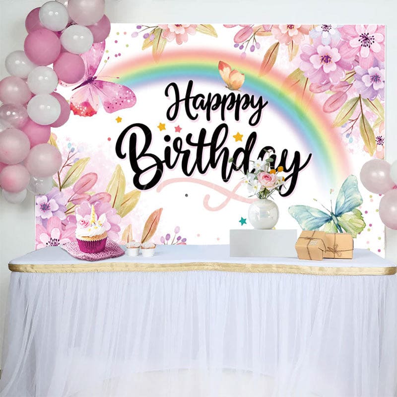 Aperturee - Aperturee Floral Rainbow Butterfly Happy Birthday Backdrop