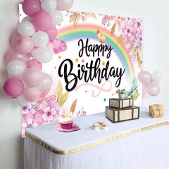 Aperturee - Aperturee Floral Rainbow Butterfly Happy Birthday Backdrop