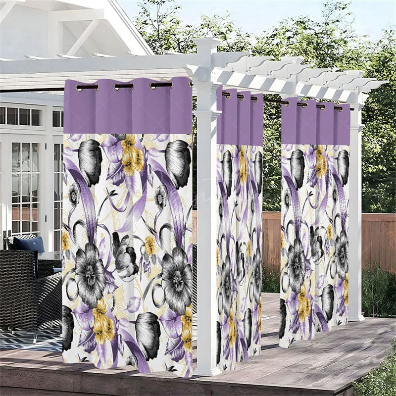 Aperturee - Aperturee Floral Ribbon Waterproof Printed Outdoor Curtains