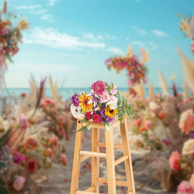 Aperturee - Aperturee Floral Sandy Beach Blue Sky Summer Wedding Backdrop