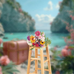 Aperturee - Aperturee Floral Seaside Luggage Beach Holiday Photo Backdrop