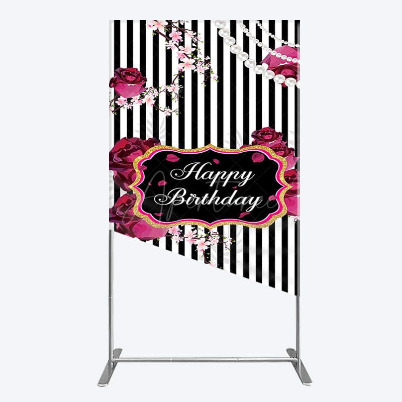 Aperturee - Aperturee Floral Stripe Pearl Happy Birthday Rectangle Backdrop