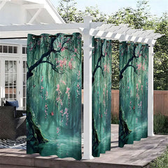 Aperturee - Aperturee Floral Tree Green Waterproof Printed Outdoor Curtains