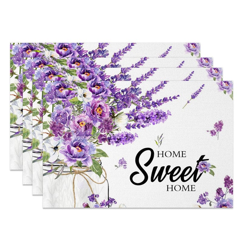 Aperturee - Aperturee Floral Violet Home Sweet Home Set of 4 Placemats
