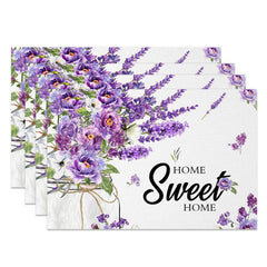 Aperturee - Aperturee Floral Violet Home Sweet Home Set of 4 Placemats