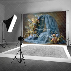 Aperturee - Aperturee Floral Wedding Arch Backdrop Dusty Blue Drapes with Rose Hydrangea Abstract Photography Background Decor