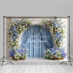 Aperturee - Aperturee Floral Wedding Arch Backdrop White Mantel with Blue Curtains Blue and White Hydrangea Photography Background