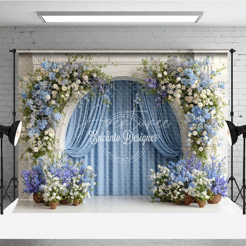 Aperturee - Aperturee Floral Wedding Arch Backdrop White Mantel with Blue Curtains Blue and White Hydrangea Photography Background