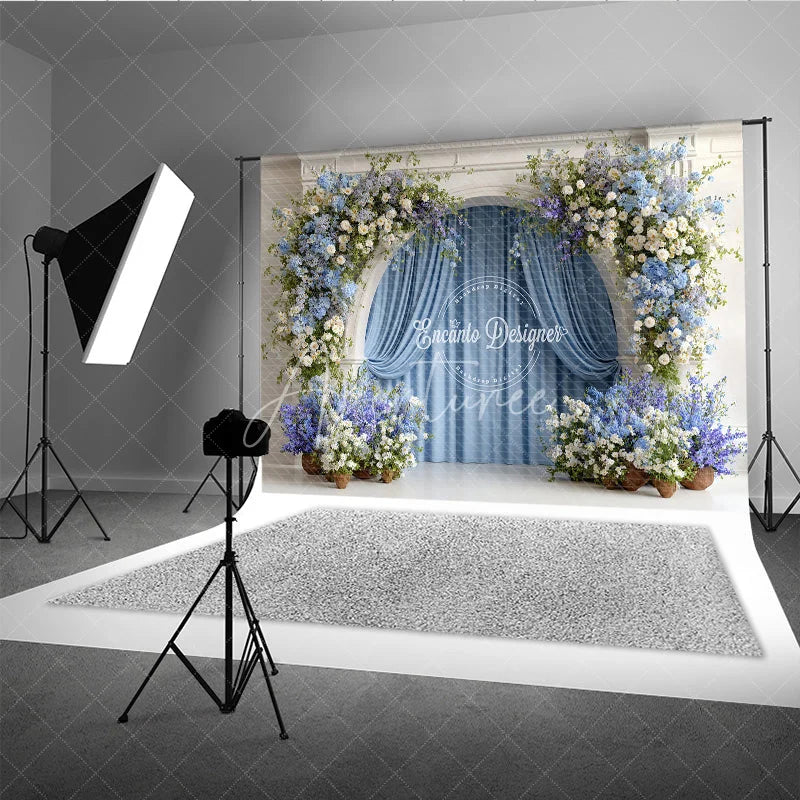 Aperturee - Aperturee Floral Wedding Arch Backdrop White Mantel with Blue Curtains Blue and White Hydrangea Photography Background