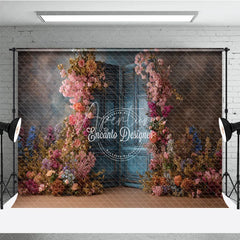 Aperturee - Aperturee Floral Wedding Backdrop Blue Louvered Door Photo Background Pink Rose Flower Wall for Bridal Shower Photography