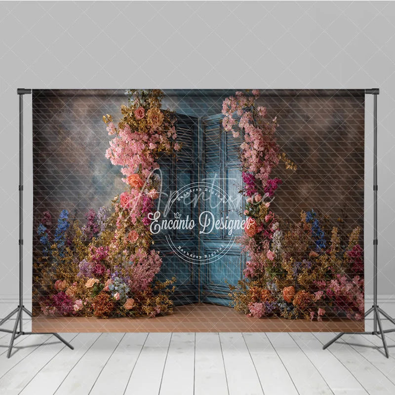 Aperturee - Aperturee Floral Wedding Backdrop Blue Louvered Door Photo Background Pink Rose Flower Wall for Bridal Shower Photography