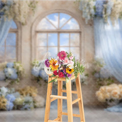 Aperturee - Aperturee Floral Wedding Window Backdrop Arch Window with Sky View Blue Hydrangea and Rose Photography Background