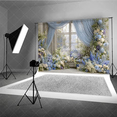 Aperturee - Aperturee Floral Wedding Window Backdrop Blue Drapes with Hydrangea Rose Elegant Bridal Shower Photography Props