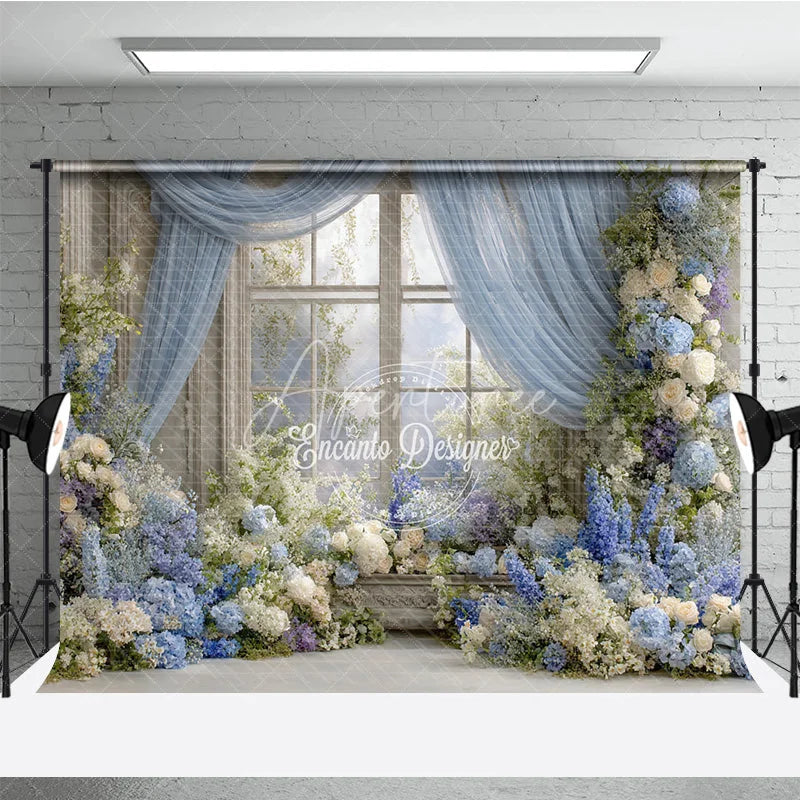 Aperturee - Aperturee Floral Wedding Window Backdrop Blue Drapes with Hydrangea Rose Elegant Bridal Shower Photography Props