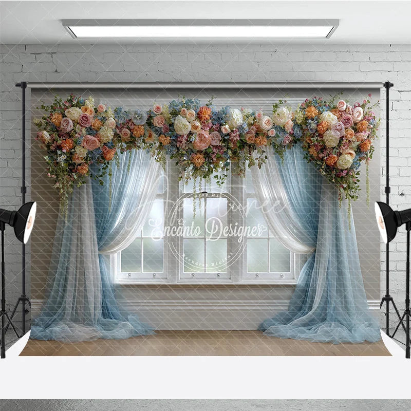 Aperturee - Aperturee Floral Wedding Window Backdrop Blue Drapes with Peach Rose Elegant Bridal Shower Photography Background