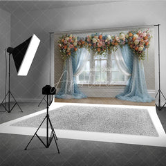 Aperturee - Aperturee Floral Wedding Window Backdrop Blue Drapes with Peach Rose Elegant Bridal Shower Photography Background