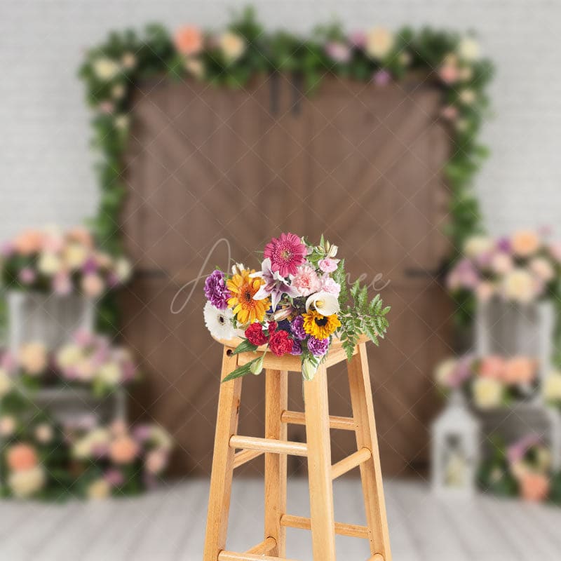 Aperturee - Aperturee Floral Wood Door White Brick Wall Wedding Backdrop