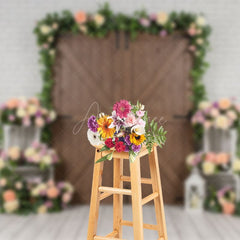 Aperturee - Aperturee Floral Wood Door White Brick Wall Wedding Backdrop