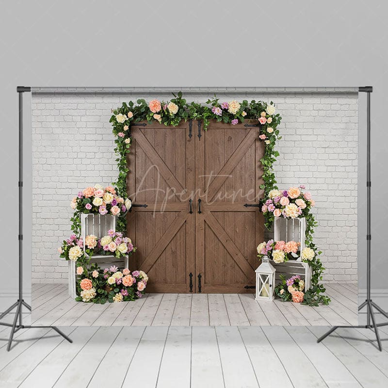 Aperturee - Aperturee Floral Wood Door White Brick Wall Wedding Backdrop