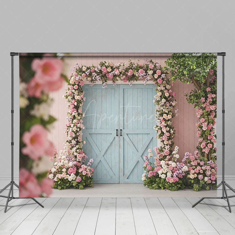 Aperturee - Aperturee Floral Wood Farm Door Soft Color Wedding Backdrop