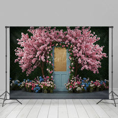 Aperturee - Aperturee Floral Wooden Blue Door Sweet Spring Wedding Backdrop