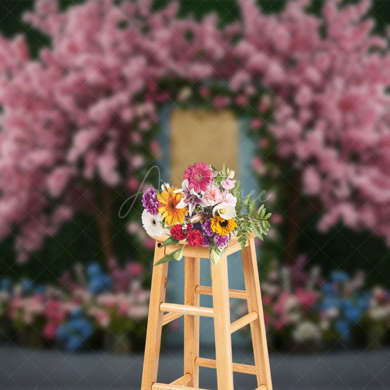 Aperturee - Aperturee Floral Wooden Blue Door Sweet Spring Wedding Backdrop
