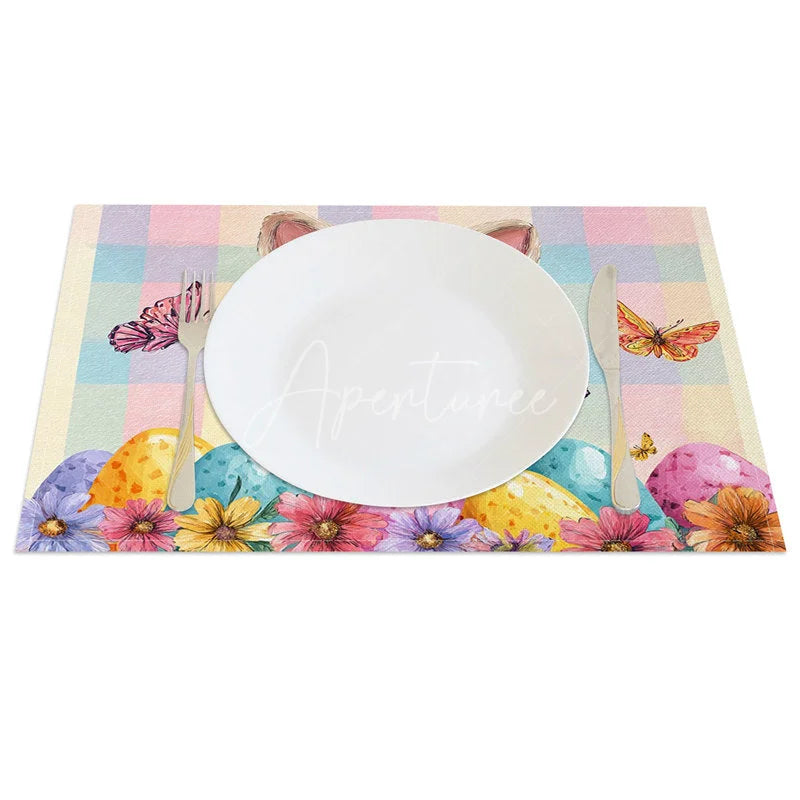 Aperturee - Aperturee Flower Crown Easter Bunny Set of 4 Placemats Colorful Egg Plaid Rabbit Table Mats for Party