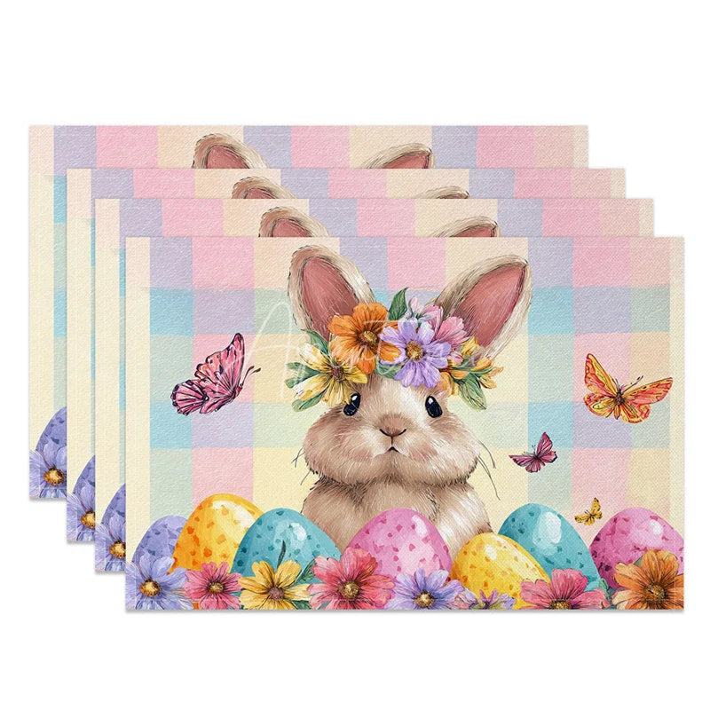 Aperturee - Aperturee Flower Crown Easter Bunny Set of 4 Placemats Colorful Egg Plaid Rabbit Table Mats for Party