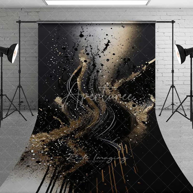 Aperturee - Aperturee Flowing Black and Gold Wave Abstract Backdrop Dynamic Glitter Speckles Photography Background